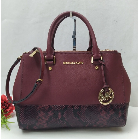 Michael Kors Sutton Maroon Leather Python Detail Carryall Satchel Shoulder Bag - Picture 1 of 16